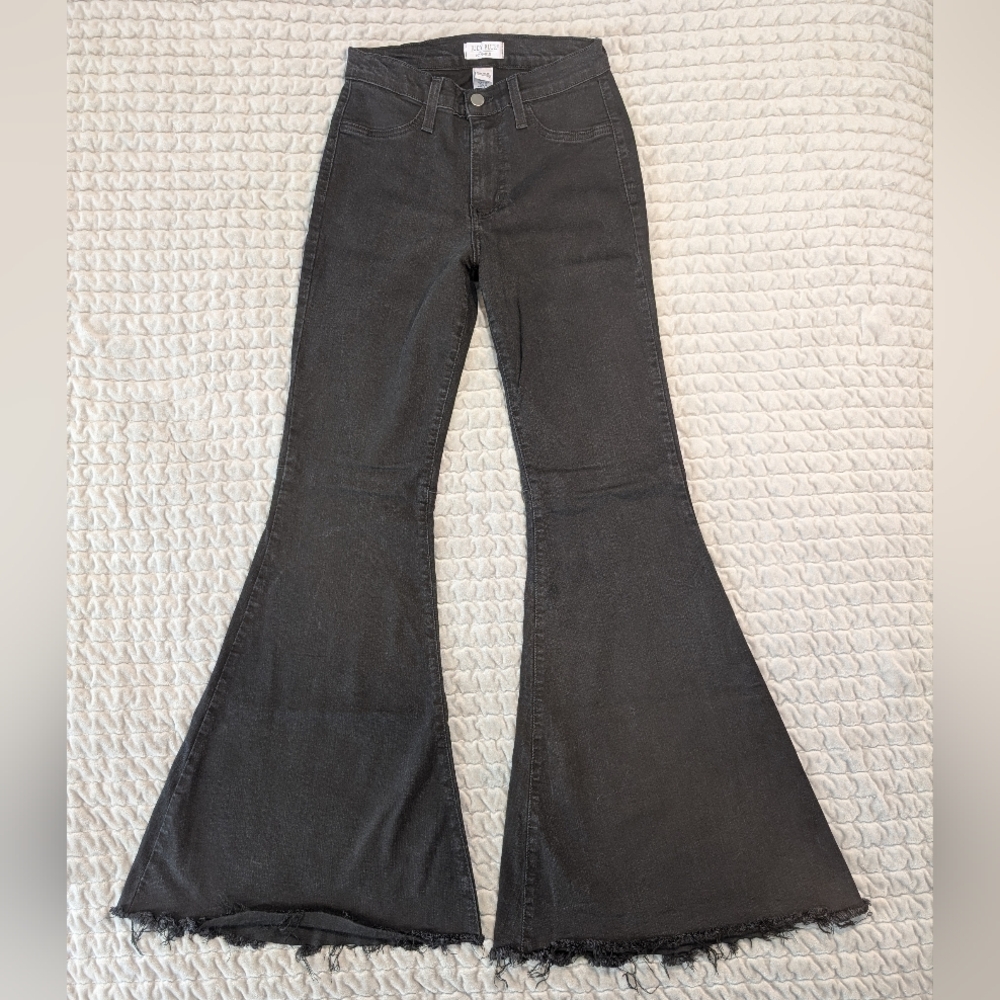 Judy Blue Jeans Women's 3/26 Black Super Flare High Rise Frayed Hem Hippie Boho